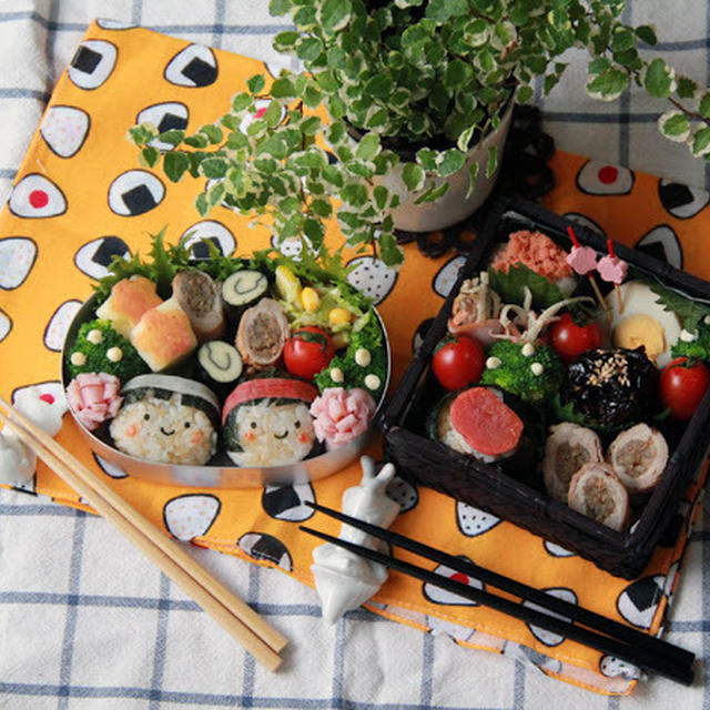 【親子弁】運動会がんばれ！かわいいおにぎり弁当～boy&girl rice ball bento