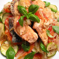 やる気のない日の洋風大皿：鮭と野菜のマスタードカレーマリネ、ブロッコリーと卵のサラダ by まゆニャンさん