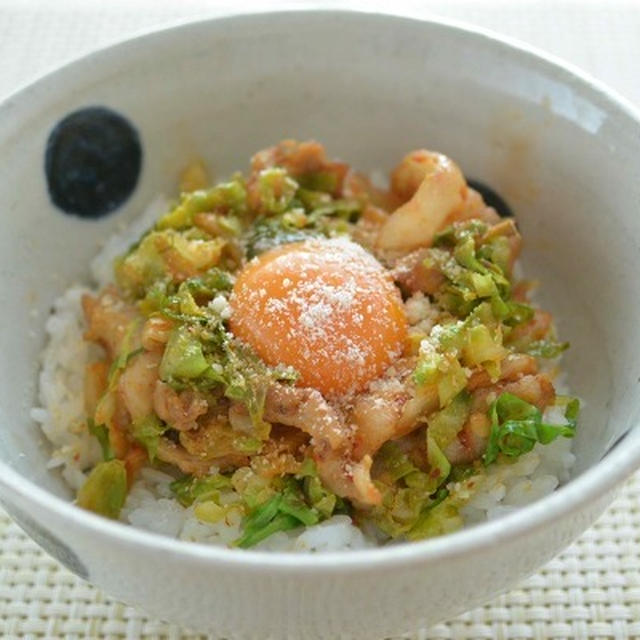 調味料不要。春キャベツと豚キムチ炒めのっけごはん