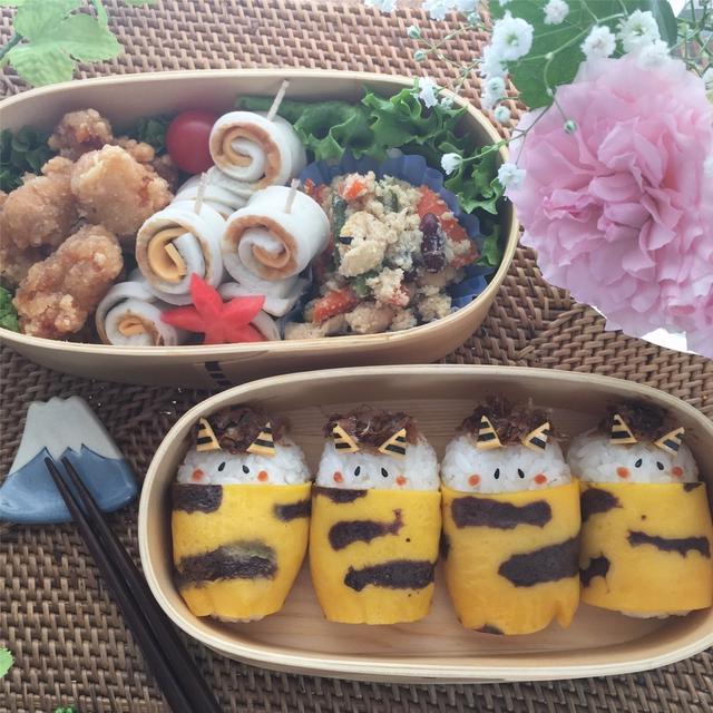 鬼おにぎり弁当～ココアパウダーで簡単＆可愛いトラ柄卵焼き♪～
