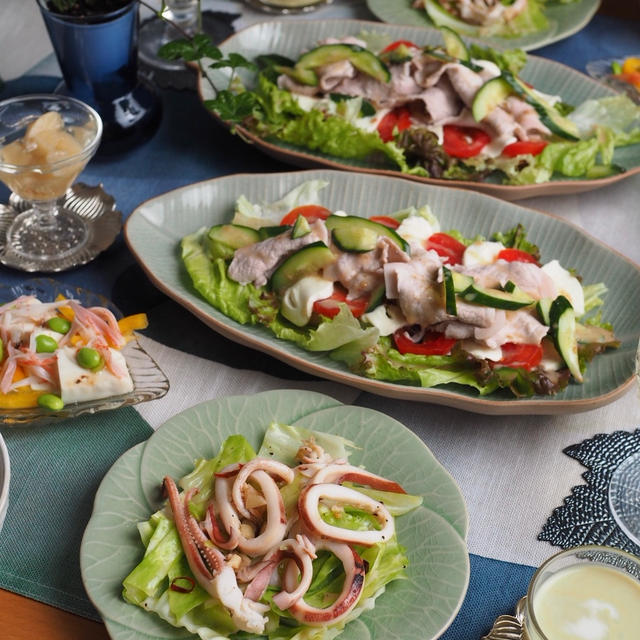 お野菜いっぱい晩ごはん♪「モッツァレラトマトの冷しゃぶサラダ」