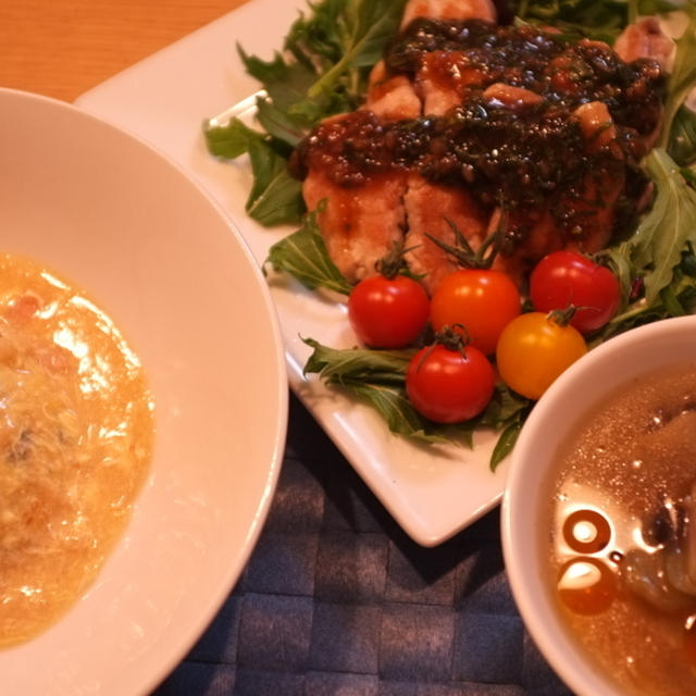夕食☆カニ玉風あんかけ炒飯　　牛フィレ肉の梅シソソース　サンラータン風スープ