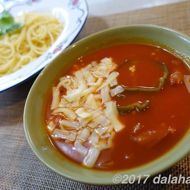 【レシピ】 わが家の「つけナポリタン」 トマトと鶏ガラのダブルスープが美味い
