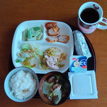 朝ご飯は7時45分    白菜豚肉炒めと薩摩揚げ