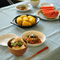 豆腐の冷や汁風ぶっかけ飯と豚チーズロールのキムチ炒め、なーちゃんからのお土産