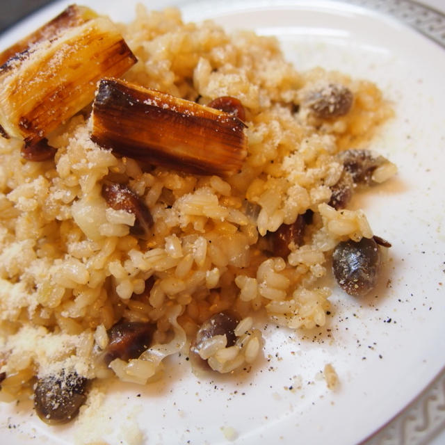 ネギと炒り大豆の玄米リゾット