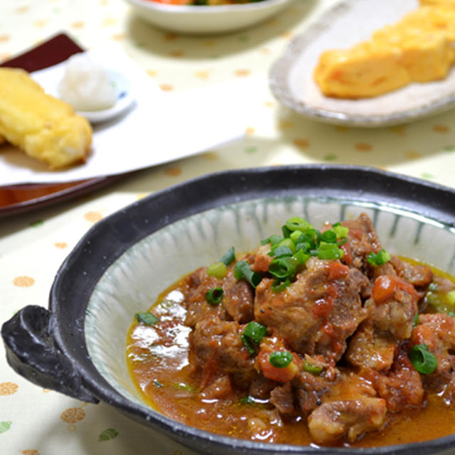 トマト煮豚。ジューシーいか天。だしオムレット＠ルクエ。の晩ご飯。