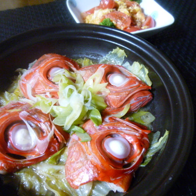 金目の酒蒸しとトマトとたまごの炒め物の献立　夕ご飯（２日分）