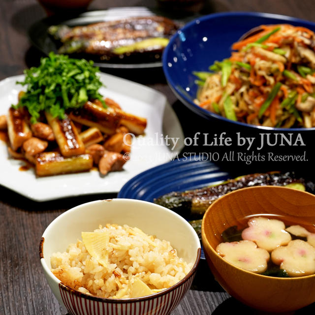 たけのこごはん、たけのこの梅煮など／粉処理引き続き（粉の作りおき）→朝弁にも