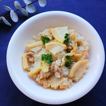 春がきました　タケノコご飯　油揚げ　鶏ハラミ