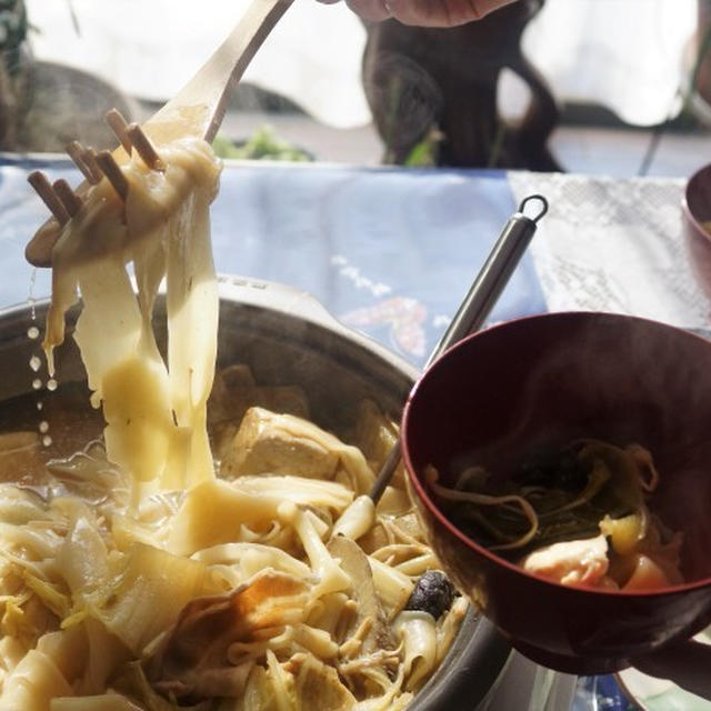 ■朝ご飯【前夜のお鍋にちょい足しで　 ①ひもかわうどん】】