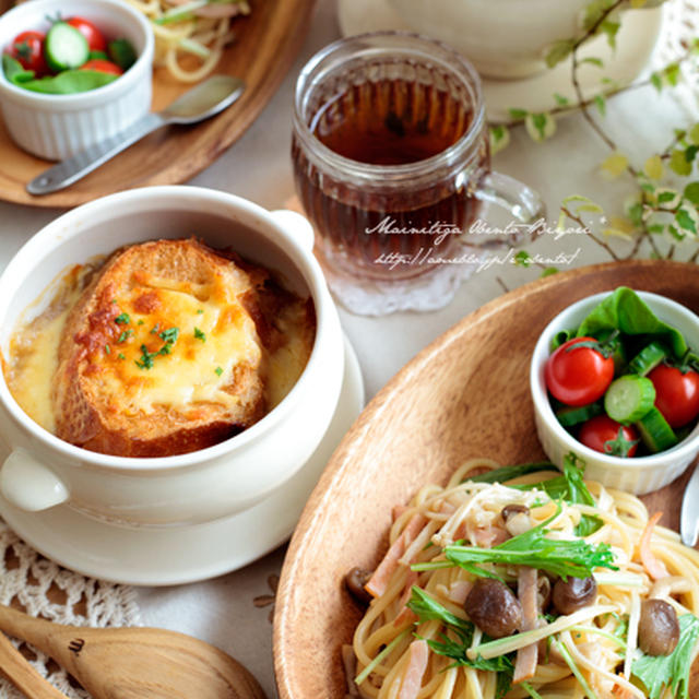 オニオングラタンスープと柚子胡椒パスタ
