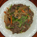 牛と菜の花、生椎茸の焼肉ダレ炒めと生姜ご飯
