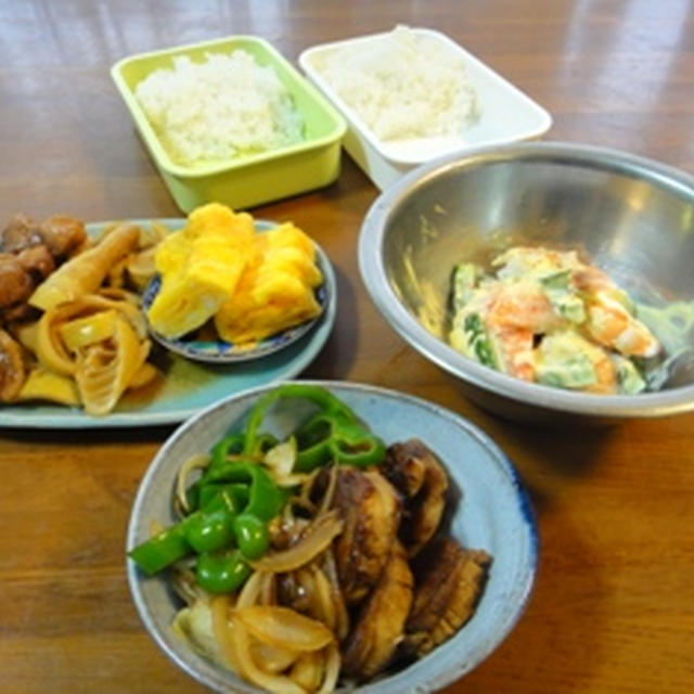 ６月１５日　豚とピーマンのソース炒め　と　海老サラダ　～　メタボダーリン　＆　男子高校生弁当