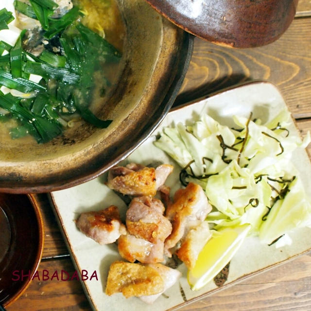 あら簡単♪サバ缶鍋(ピリ辛味噌味)と揚げない唐揚げ