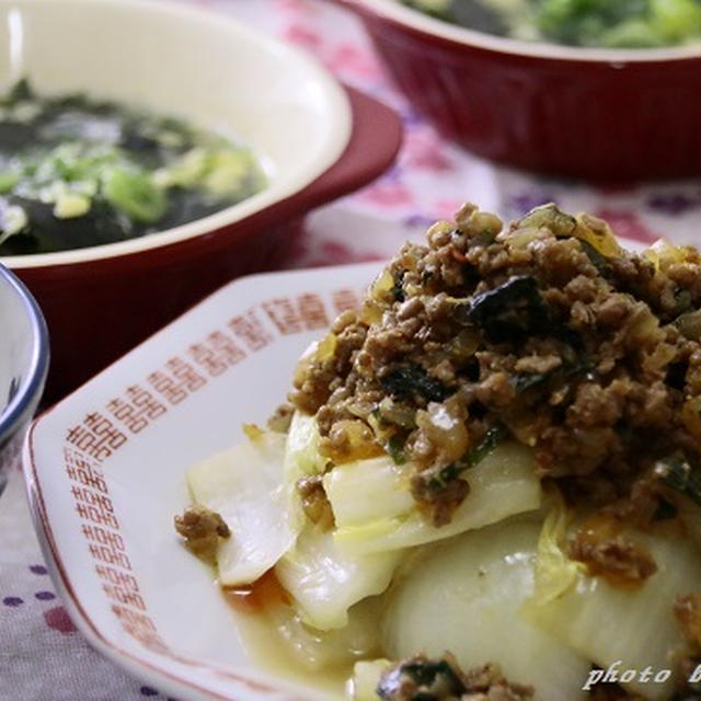 【玉露園さんの減塩こんぶ茶】で青紫蘇入り　麻婆白菜。