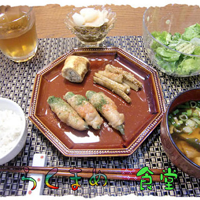 オクラの豚肉巻きロール定食♪抹茶寒天つき♪