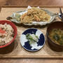 【献立】ゴボウと人参と玉ねぎのかき揚げ、ピーマンの天ぷら、カブの即席お漬物、混ぜご飯、あおさのお味噌汁