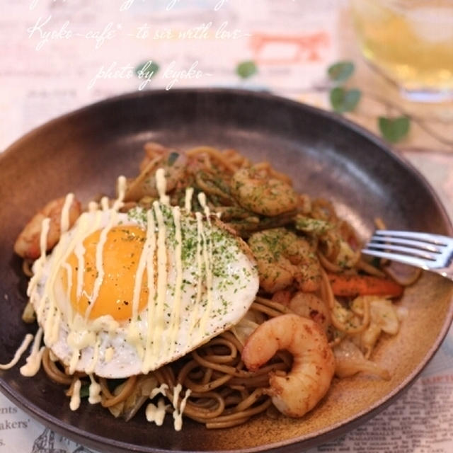 昼カフェ☆エビとたまごのマヨ焼そば【レシピ】