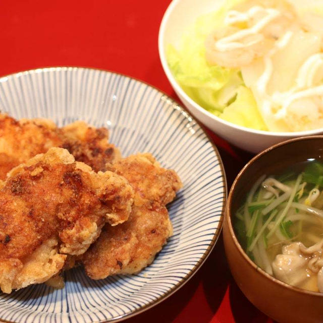 フライパンで唐揚げ♪な夕ご飯(o^^o)足りないと言われちゃいました
