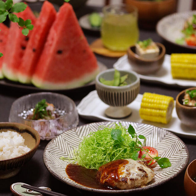 【献立】チーズハンバーグと、茄子とツナのさっぱりポン酢和えなどなど。
