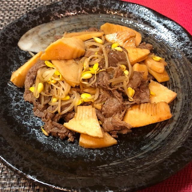 牛肉たけのこ豆もやし炒め♡麻婆豆腐♡餃子♡酸辣春雨スープ