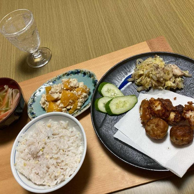 タコの唐揚げメインの晩御飯〜柿も白和えに〜