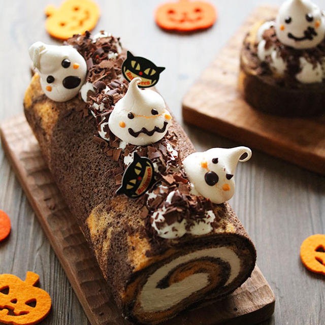 【見るだけスイーツ】ハロウィンケーキ＠2016。～かぼちゃとブラックココアのマーブルロール～