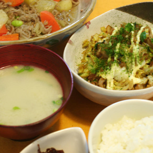 切干大根のソース炒めと塩肉じゃがでうちごはん