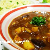 マ・マーつけて食べるスパゲティdeさつまいもとお豆のカレーミートソース♪
