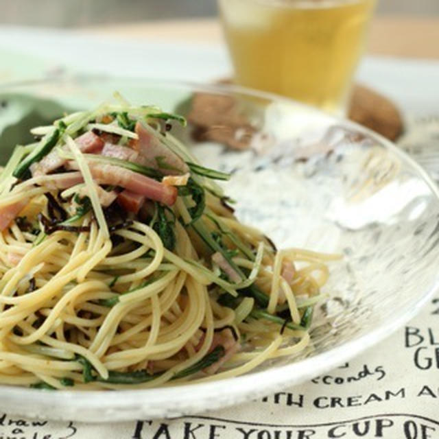 昼カフェ☆塩昆布と水菜のピリッと冷製和風パスタ（レシピ）