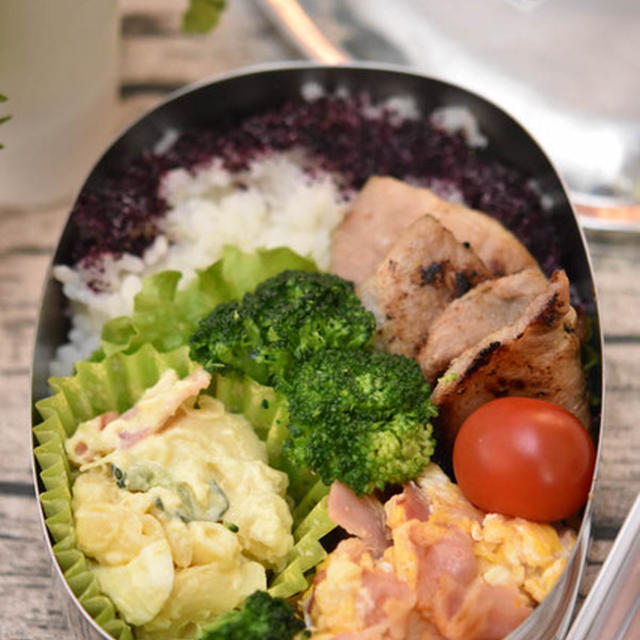 中学生男子弁当｜豚肉の味噌漬け・マカロニポテトサラダ・ベーコン入りスクランブルエッグ