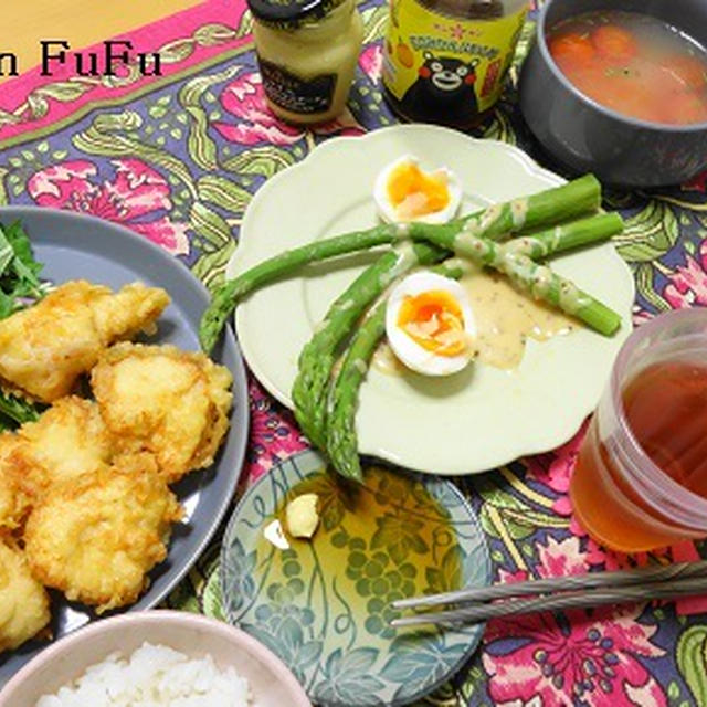 鶏天も美味しいでしょう♪と旬のアスパラ大好き♪