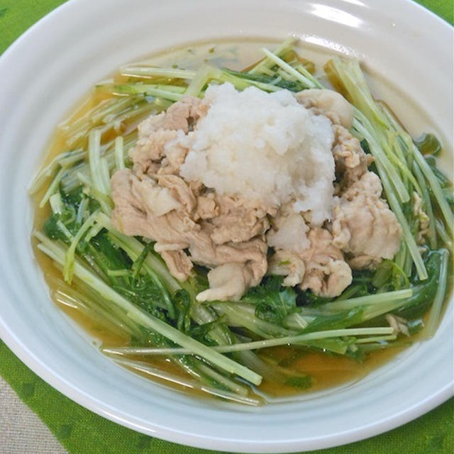 サッと煮て5分！簡単おつまみおかず〜豚しゃぶと水菜のみぞれ煮。