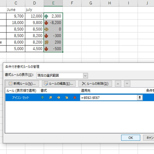 Excel で数の比較にアップダウンの矢印を付ける