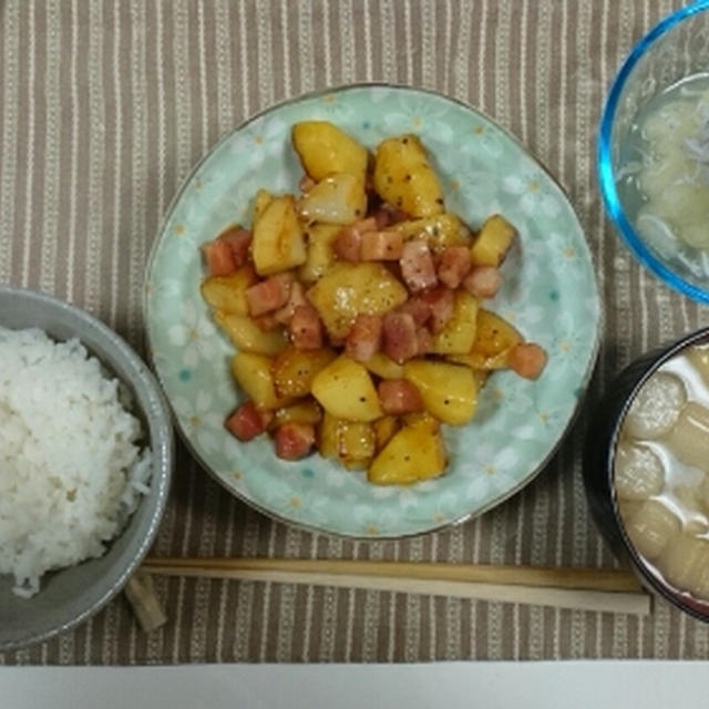 じゃがいもとハムの照り焼き風☆2015/02/04の晩ごはん。