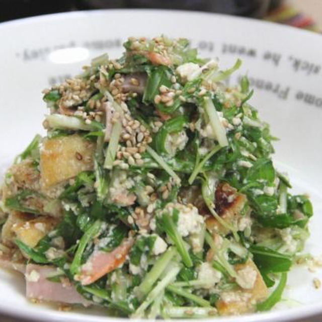 鍋の材料で豆腐と水菜のサラダ♪