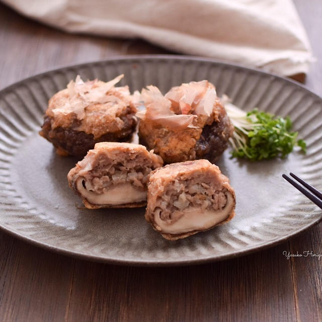 【簡単レシピ】フライパンでラク♪肉詰め椎茸の花かつお揚げ