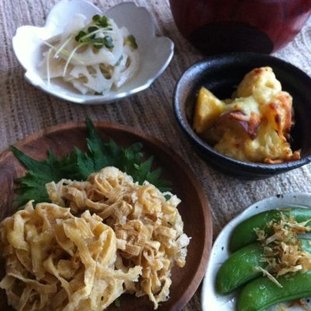 カリフラワーのマヨ味噌焼き・豆腐皮のかき揚げ