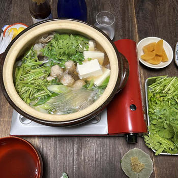 鶏団子鍋芹春菊大根葱舞茸きりたんぽマロニー酢橘柚子胡椒沢庵・無花果