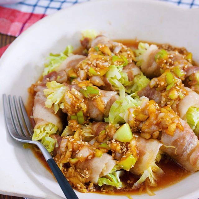 レンジでラクラク♪『キャベツの豚バラ巻き＊香味中華だれがけ』