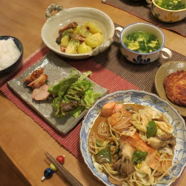 鮭のちゃんちゃん焼の晩ご飯　と　野良ネコちゃん♪