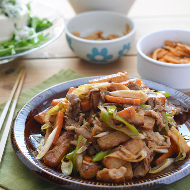 豚肉と長いもの香味甘醤油炒め。（炒め物メイン）の献立。