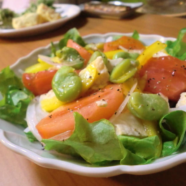 そらまめと豆腐のヘルシーサラダ&山菜の天ぷらの晩ごはん