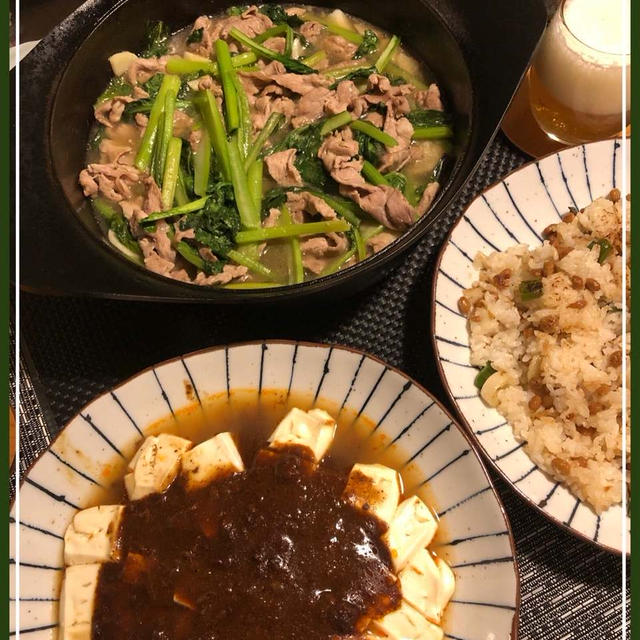 豚肉のオイスターソース炒めとレンチン麻婆豆腐