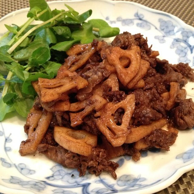 「蓮根と牛肉のバルサミコでさっと炒め」。