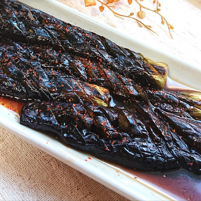 ナスのごま油焼きピリ甘辛煮浸し