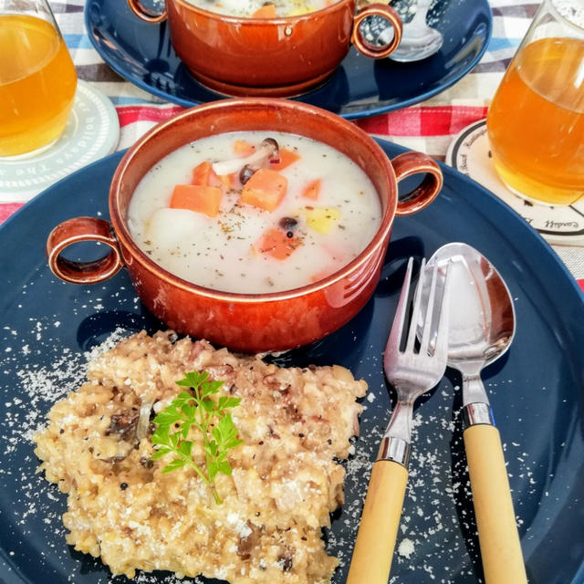 ポルチーニ茸の玄米リゾット＆クミンとハーブのオリエンタルシチュー