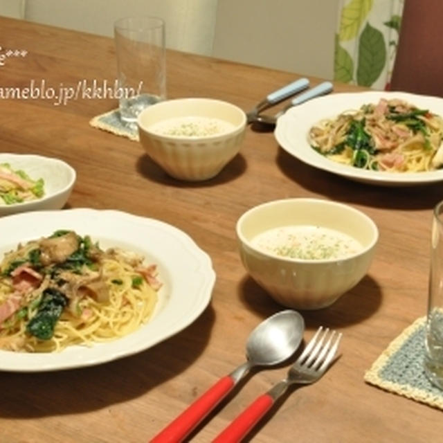 ほうれん草、舞茸ベーコンの和風パスタ