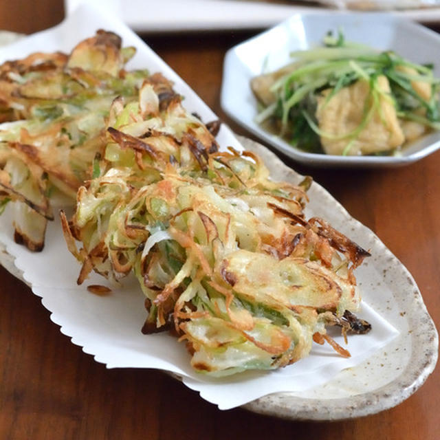 ねぎとおかかの米粉かき揚げ、焼き魚のごはんの日。